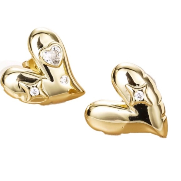 14k Gold Plated Heart Stud Pierced Earrings w/ Cubic Zirconia - Picture 1 of 3